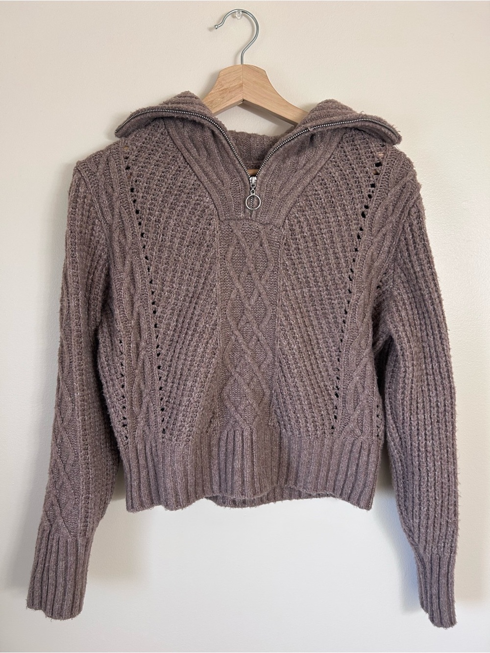 Cable Knit Taupe Quarter Zip Minimalist Sweater Cropped High Neck Ribbed | XS